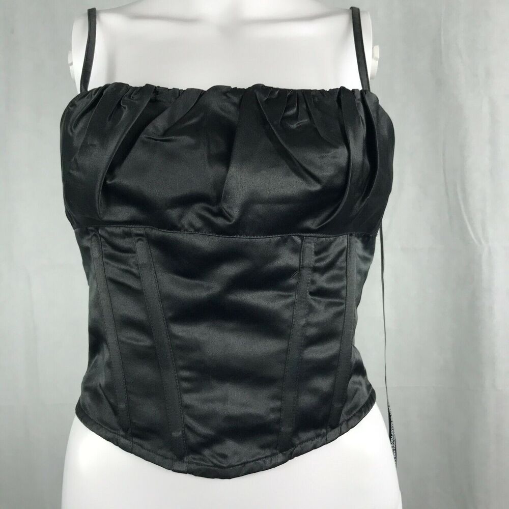 NWT Pretty LittleThing Corset Womens Sz 4 Black Satin Ruched Bust Sleeveless